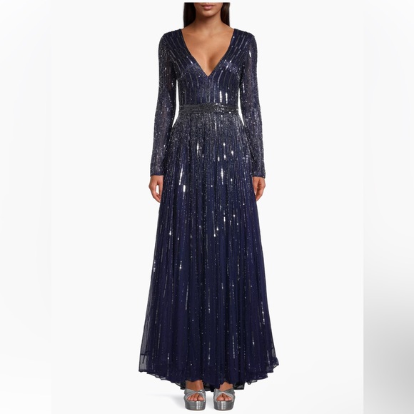 NWT Mac Duggal 4977 Sequined V-Neck Illusion Sleeve A-Line Gown Midnight Size 16 - Picture 1 of 11